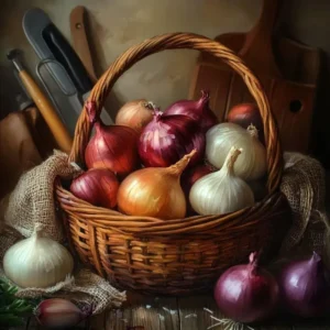Hasır sepette ve masada kırmızı, sarı ve beyaz soğanlar