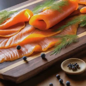 Ahşap tahta üzerinde dereotu ve limonla sunulmuş somon dilimleri