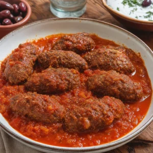 Domates soslu, kimyonlu Yunan usulü uzun köfte soutzoukakia