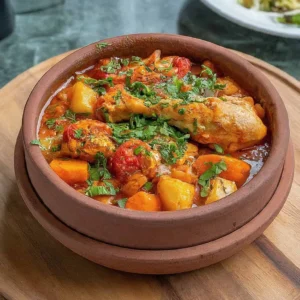 Toprak güveçte tavuk parçaları, patates ve havuçlarla hazırlanmış yemek