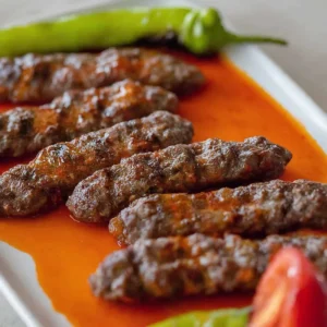 Tabakta kızarmış köfteler, yeşil biber ve domates