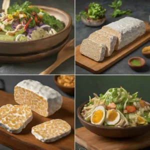 Tempeh blokları ve sebzeli tabaklardan oluşan dört bölümlü kolaj