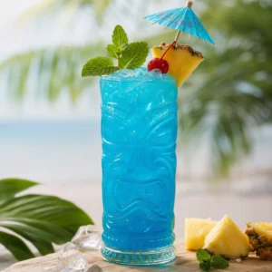 Ananas dilimi ve nane ile süslenmiş mavi renkli alkolsüz tropikal kokteyl