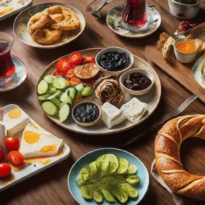 Çay, yumurta, zeytin, peynir, domates ve salatalıkla hazırlanmış kahvaltı sofrası
