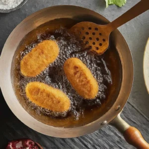 Tavada kızgın yağ içinde kızaran üç oval kroket ve delikli tahta kaşık