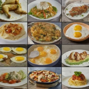 Farklı tabaklarda yumurtalı ve tavuklu yemeklerden oluşan kolaj